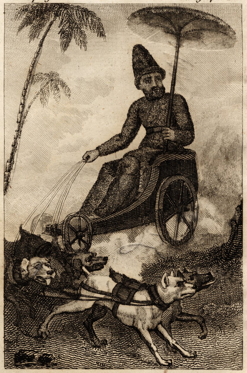 Robinson Crusoe em sua carruagem por seis dogues, gravura inserida em “Les aventures de Robinson Crusoe” por Daniel Defoe de Unknown artist