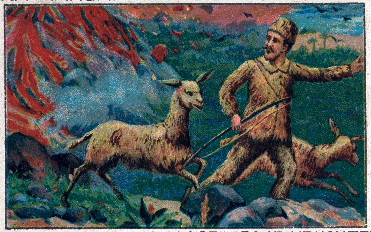 Robinson escapa de uma explosão vulcânica. Ilustração para o livro de Daniel Defoe (De foe) "Robinson Crusoe". Cromolitografia do final do século XIX. de Unknown artist