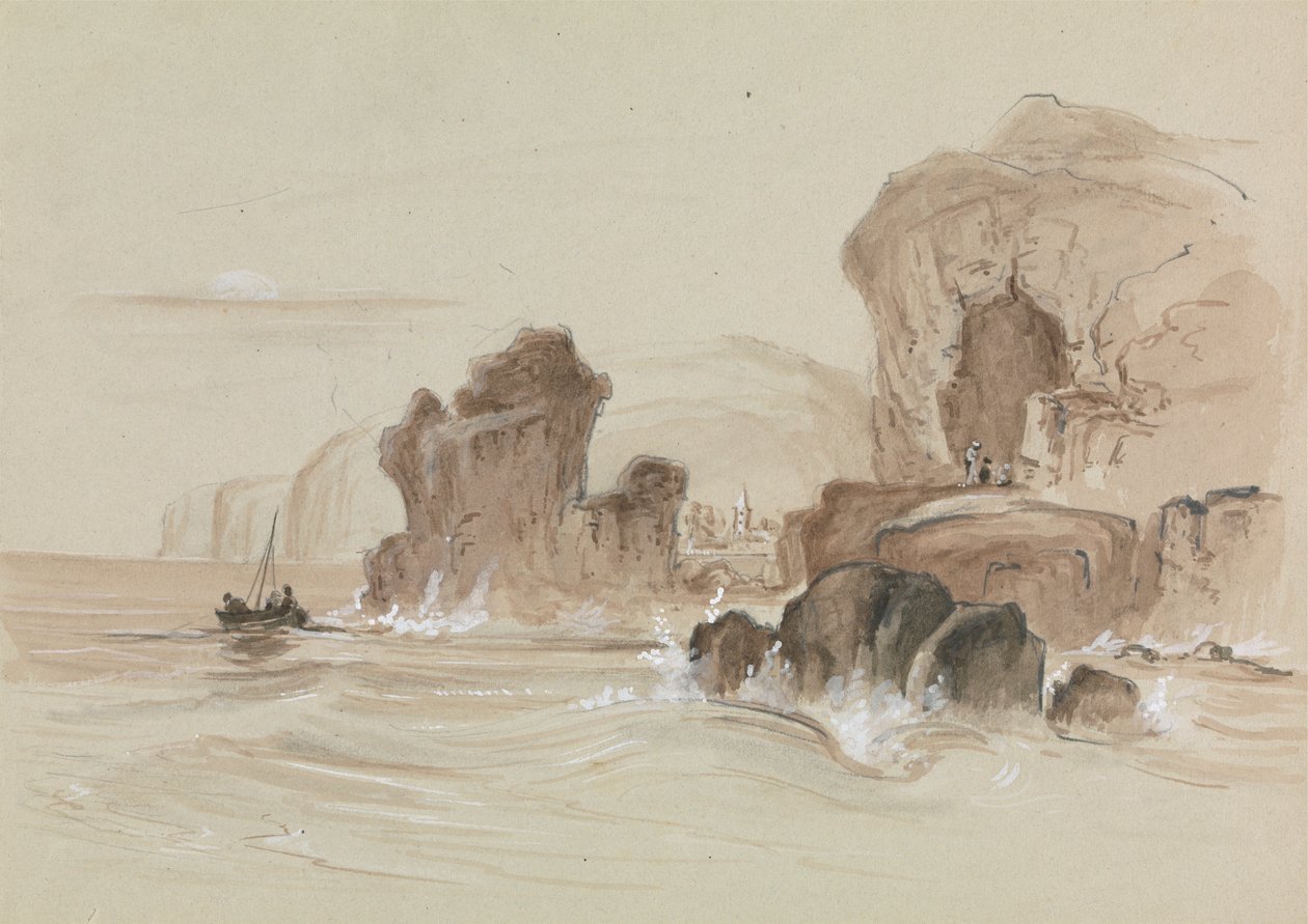 Costa Rochosa com Pequeno Barco de Pesca de Unknown artist