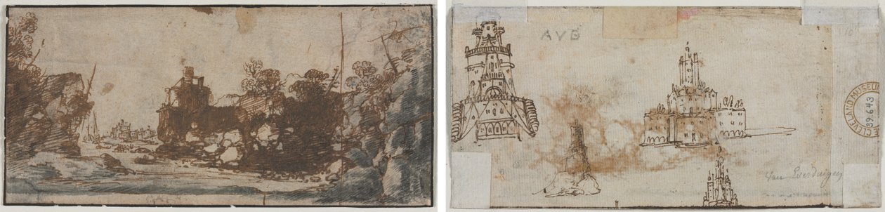 Enseada Rochosa com Barcos e Edifícios (reto); Esboços de Castelos (verso) de Unknown artist