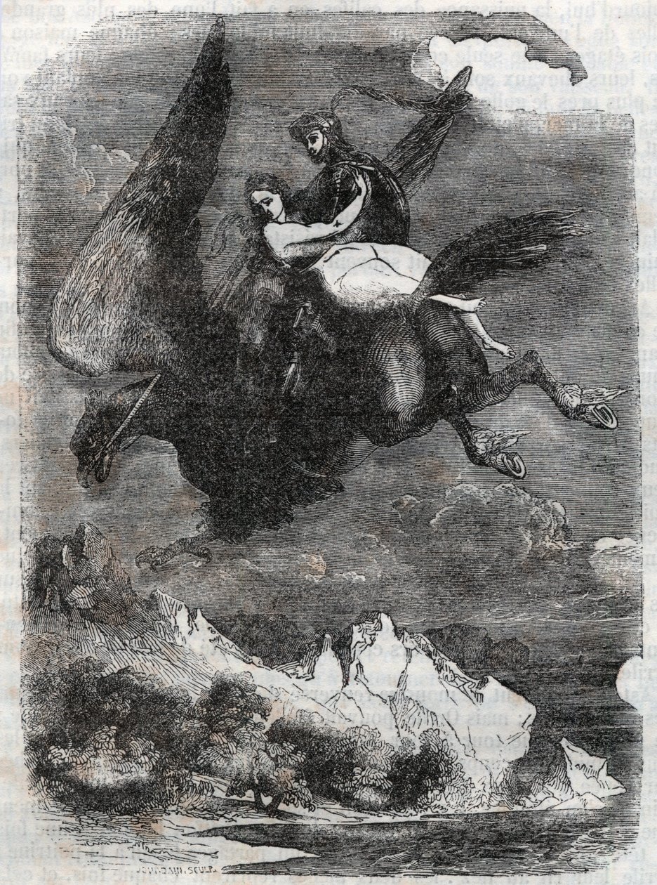 Roger (Ruggero, Ruggiero) e Angelique (Angelica) sobre o hipocampo - Gravura de 1851 de "Roland furieux" (Orlando furioso) (século XVI) de Ludovico Ariosto, conhecido como Ariosto - Edição traduzida do italiano pelo Conde de Tressan e publishe de Unknown artist