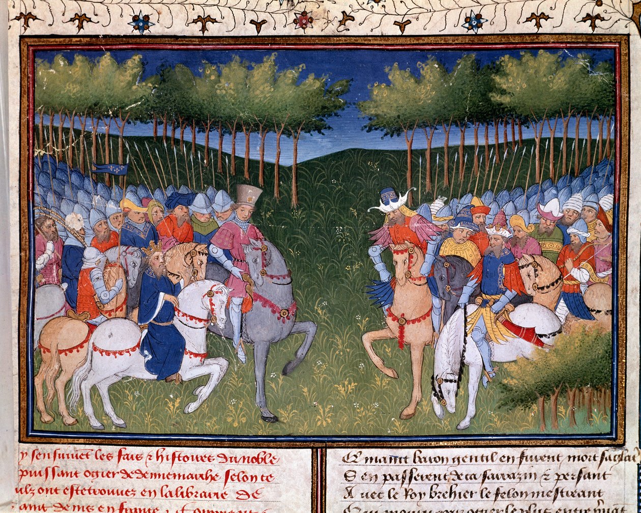 Roman de Ogier, o dinamarquês: a luta entre dois cavaleiros em miniatura de "Chronicle of Bertrand du Guesclin" (Ms 490) 1405 Musee Conde, Chantilly de Unknown artist