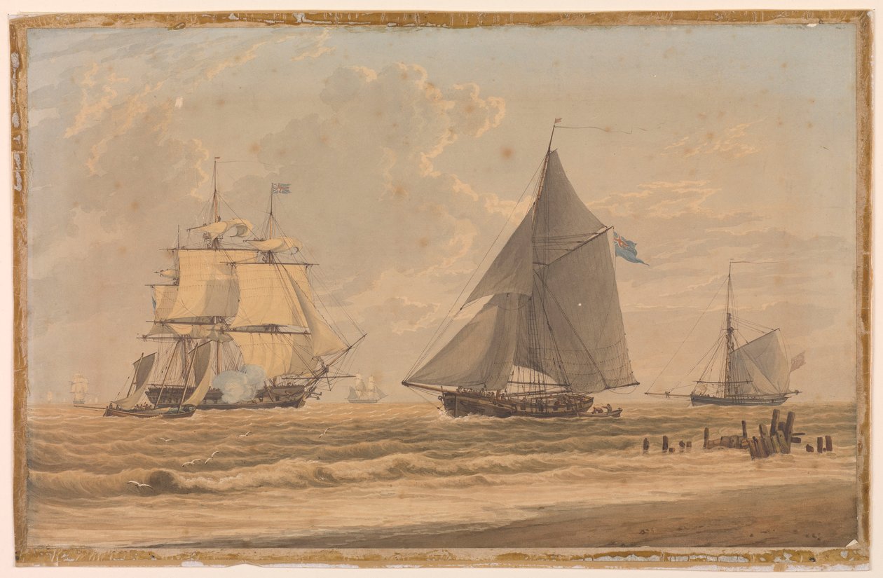 Navio à vela da Marinha Real junto à costa, início do século XIX (aguarela) de Unknown artist