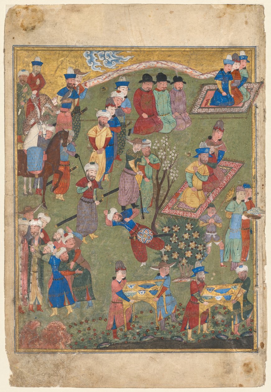 Recepção Real em uma Paisagem, fólio esquerdo do frontispício duplo de um Shahnama (Livro dos Reis) de Firdausi (persa, cerca de 940-1019 ou 1025) de Unknown artist