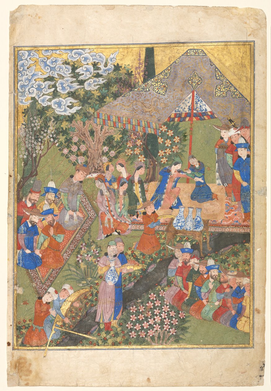Recepção Real em uma Paisagem, fólio direito de um frontispício de página dupla de um Shahnama (Livro dos Reis) de Firdausi (940-1019 ou 1025) de Unknown artist