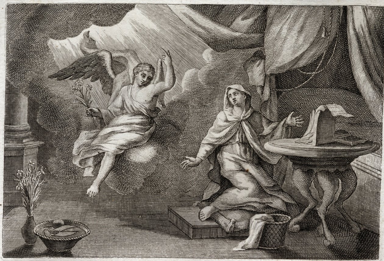 Bíblia de Royaumont, Novo Testamento: Anunciação da Virgem. O Arcanjo Gabriel veio para entregar uma mensagem a Maria. Ilustração de 1811. de Unknown artist