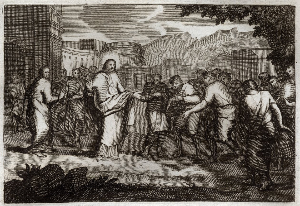 Bíblia de Royaumont, Novo Testamento: Os Dez Leprosos. Jesus Cristo guerreia os Dez Leprosos. Ilustração de 1811. de Unknown artist