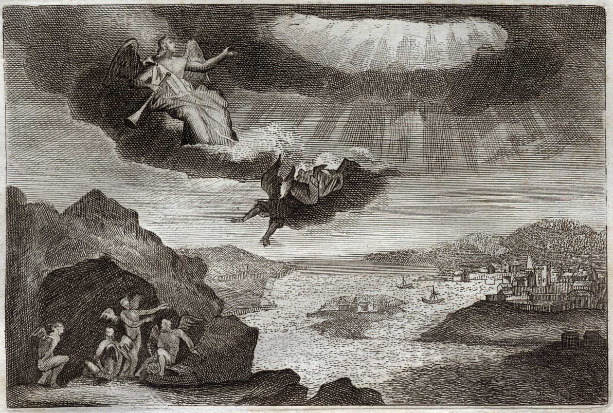 Bíblia de Royaumont, Novo Testamento: A quinta e sexta trombeta do Apocalipse. Os gafanhotos e os quatro anjos. Ilustração de 1811. de Unknown artist