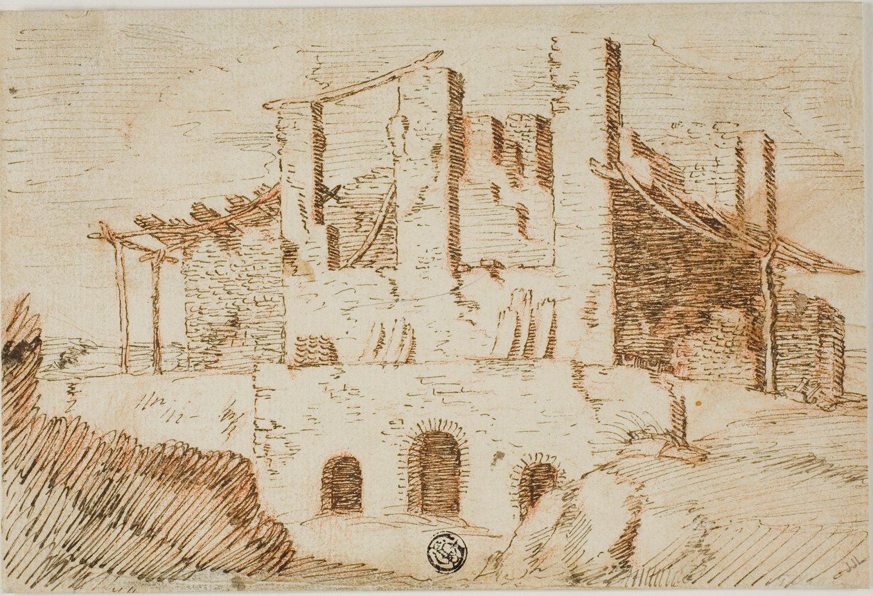 Ruínas com galpão de fazenda de Unknown artist