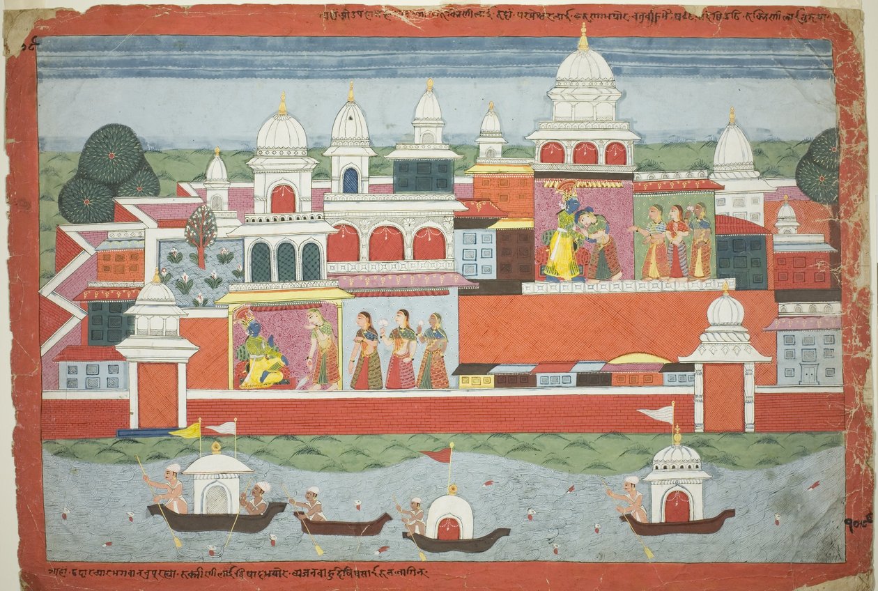 Rukmini pede permissão a Krishna para visitar o seu irmão Rukma, página de um manuscrito disperso do Bhagavata Purana de Unknown artist