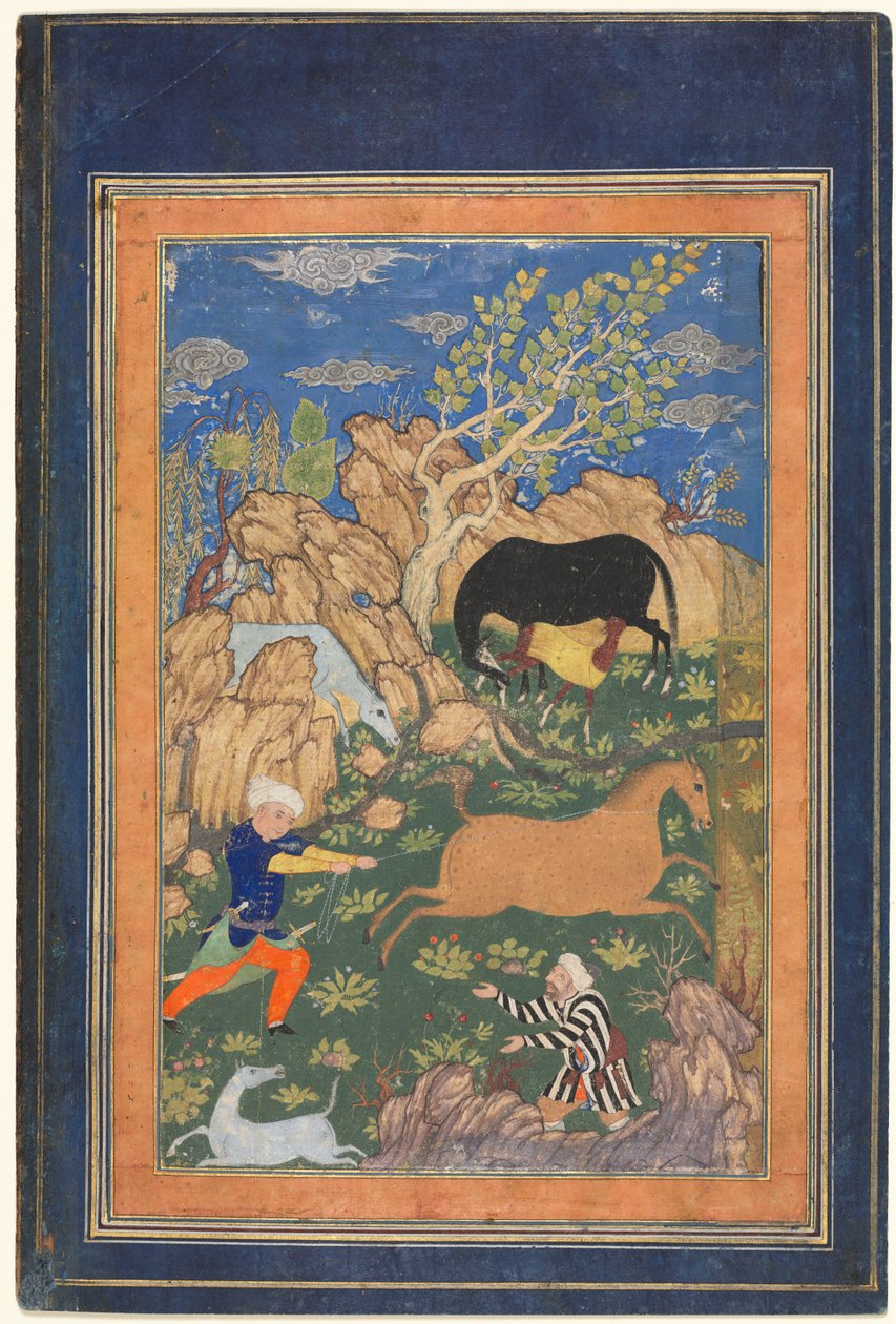 Rustam Lassoing seu cavalo, Rakhsh, em uma paisagem (reto) de Unknown artist