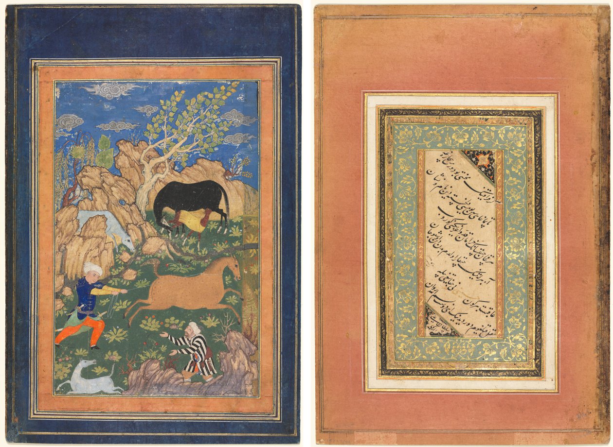 Rustam Laçando seu Cavalo, Rakhsh, em uma Paisagem (reto); Caligrafia, Versos Persas (verso) de Unknown artist