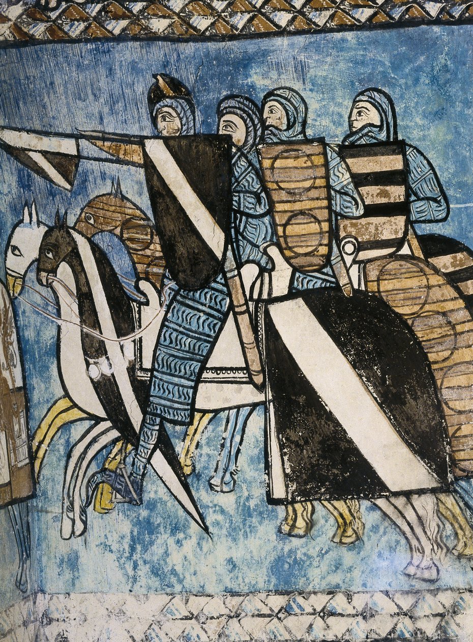 ESPANHA. CASTELA E LEÃO. Valladolid. Mosteiro de São Bernardo de Valbuena. Exército castelhano, grupo de soldados cristãos a cavalo. Pintura em fresco do século XIV sobre "A Reconquista". Arte Gótica de Unknown artist