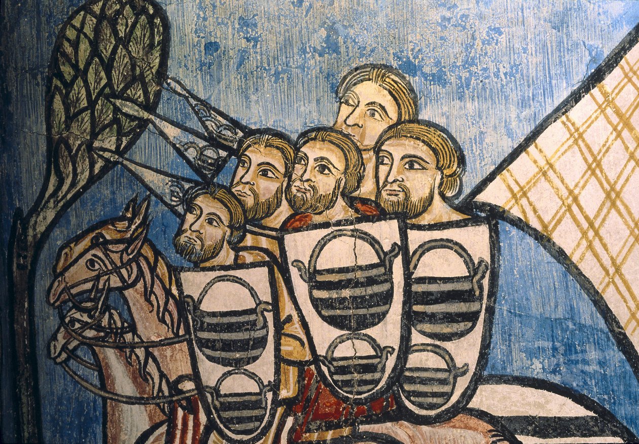 ESPANHA. CASTELA E LEÃO. Valladolid. Mosteiro de São Bernardo de Valbuena. Grupo de soldados cristãos a cavalo. Escola castelhana. Século XIV. Pintura em afresco sobre "A Reconquista". Arte Gótica de Unknown artist