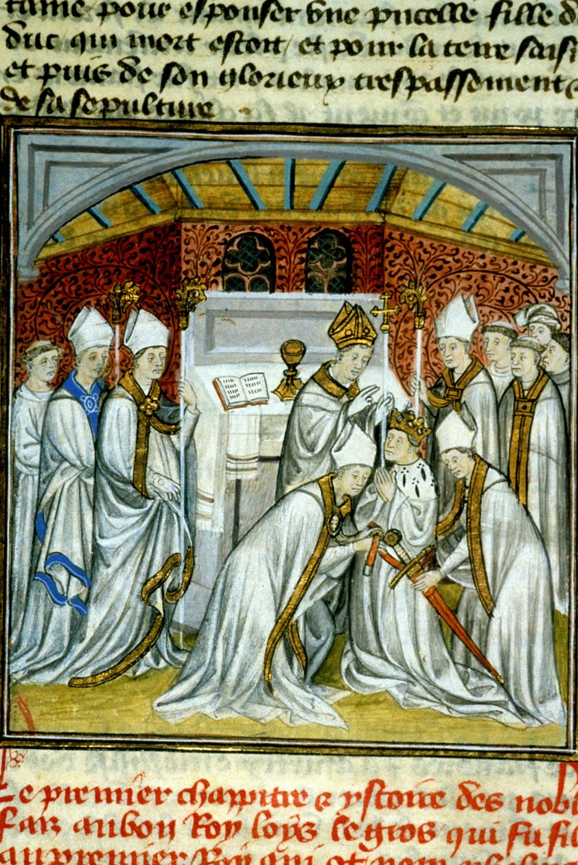 Sagrado de Luís VI (1108) - Iluminação de manuscrito sobre velino da Idade Média "Grandes Crónicas de Saint-Denis" finais do século XIV (ref.512 de Unknown artist
