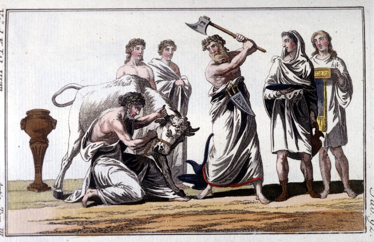 Sacrifício de um touro entre os celtas. Gravura do século XIX. de Unknown artist