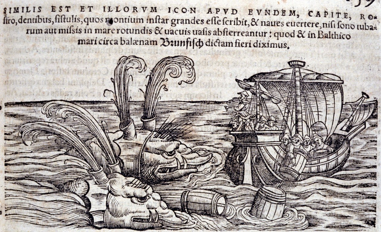 Marinheiros jogam barris no mar para distrair monstros em perseguição. Gravura em "Historia Animalium" de Conrad Gesner (1516-1565), Tiguri de Unknown artist