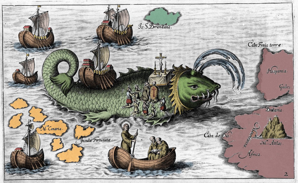 São Brendan (Brandan), herói e santo irlandês do século VI, representa a celebração da missa nas costas da baleia gigante Jasconius. Diz a lenda que seu barco foi carregado no dorso de uma baleia. Gravura colorida do século XVII de Unknown artist