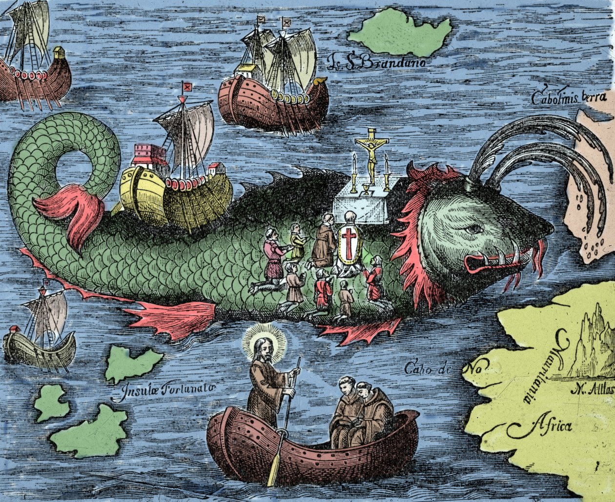 São Brendan (Brandan), herói e santo irlandês do século VI, representa a celebração da missa nas costas da baleia gigante Jasconius. Diz a lenda que seu barco foi carregado no dorso de uma baleia. Gravura colorida de "Nova Tipus Transacto Navigatio N de Unknown artist