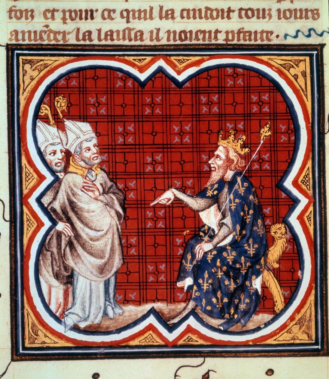 Santo Gregoire arcaico de torres (538-594) e Santo Salvius (Salve) eveque de Albi condenando a heresia de Chilperic I (539-594). Miniatura em "Grandes Crônicas da França". Grandes Crônicas da França de Carlos V" (fólio 41v), autor não identificado (c de Unknown artist