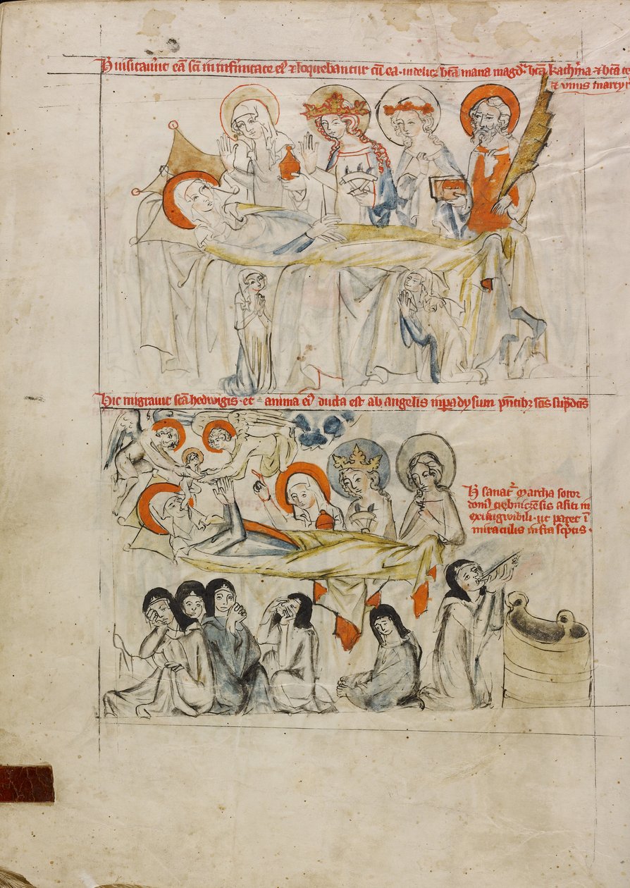 Santa Edviges no seu leito de enfermaria rodeada de santos; a morte de Santa Edviges e a sua alma recebida no Paraíso de Unknown artist