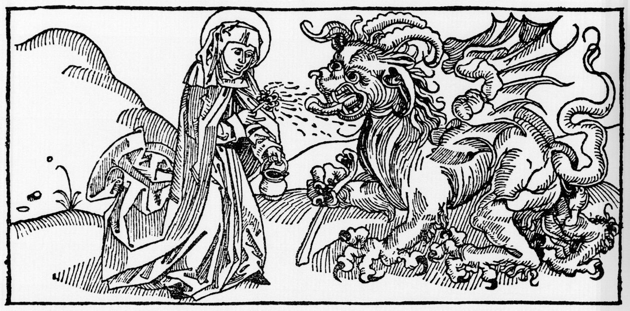Santa Marta e o Tarasco - Gravura de "Leben der Heiligen - sommerteil" (O livro do santo) de Jacobus (Tiago) de Voragine (1228-1298). Lubeck 1488. de Unknown artist