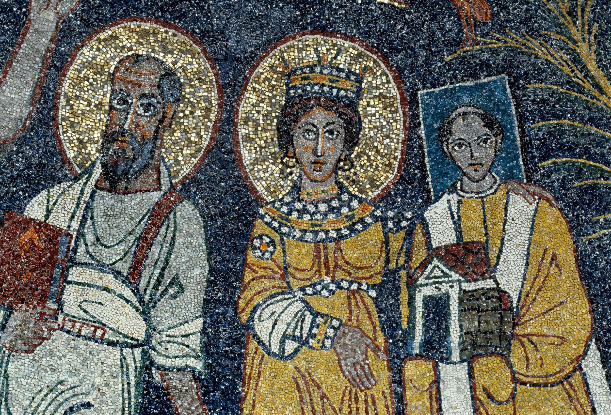São Paulo, Santa Cécile e São Pascal Detalhe de Cristo e seis santos. Mosaico anónimo, 821. Basílica de Roma de Santa Cecília em Trastevere. de Unknown artist