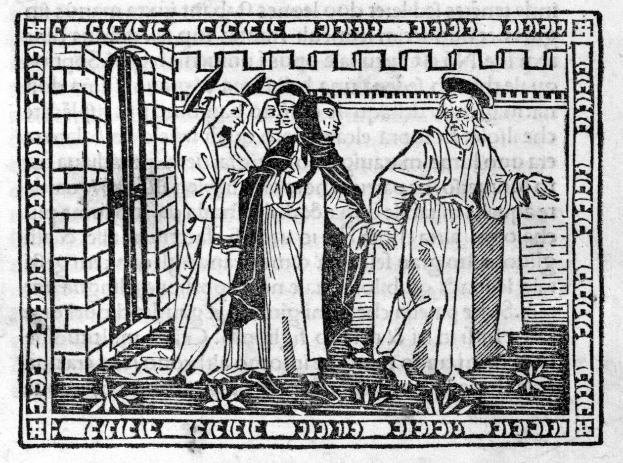 São Pedro conduzido pela mão de Savonarola (Jerônimo Savonarola) (1452 - 1498) - no "Compêndio do Apocalipse", incunábulo de 23/4/1496. de Unknown artist