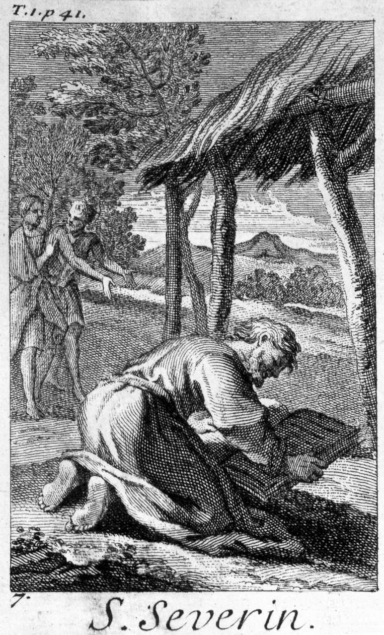Santo: Severin, evangelizador dos nórdicos (Áustria atual), leitura. Gravura do século XVII. de Unknown artist