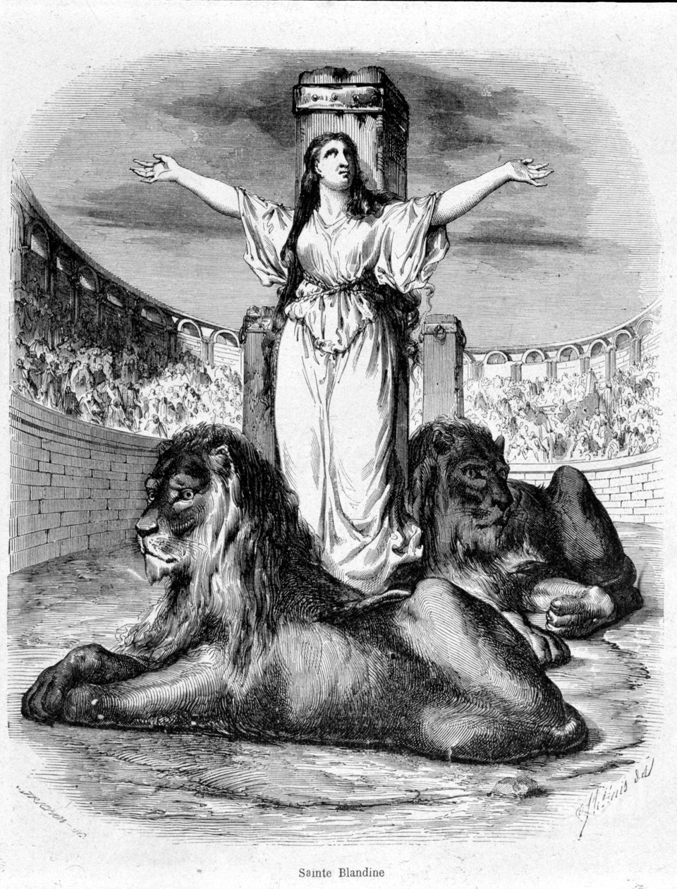 Sainte Blandine na arena, os leões deitados a seus pés (perseguições cristãs em Lyon) - no "Histoire des popes" de Maurice Lachatre de Unknown artist