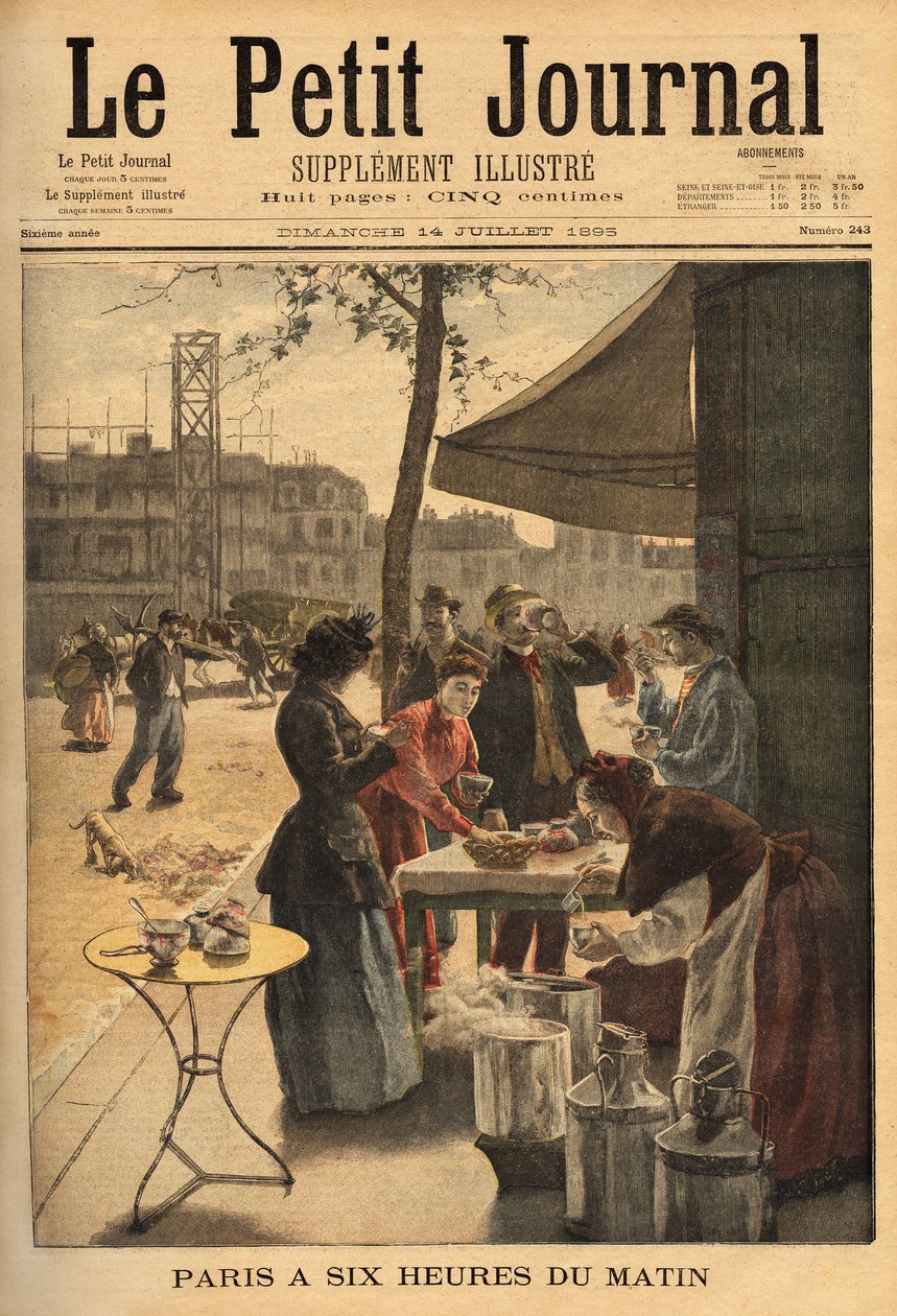 Vendedora de sopa e café com leite, realizada sob as portas dos cocheres às 6 horas da manhã para o café da manhã ao ar livre dos trabalhadores parisienses. Gravação no "Le petit journal" 14/07/1895. Coleção da Selva. de Unknown artist