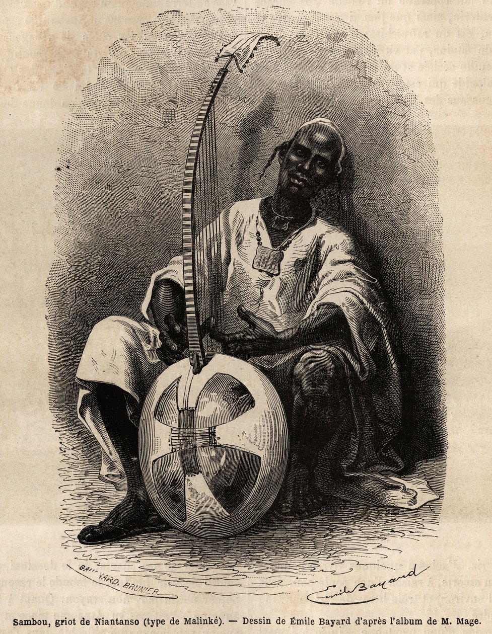 Sambou, o griot de Niantanso (Mali) (tipo Malinke: Língua da África Ocidental (Guinee, Senegal, Mali e Costa do Marfim), poeta, músico, historiador e contador de histórias, o griot é o depositário da memória colectiva de um povo. Gravura para ilustrar a hi de Unknown artist