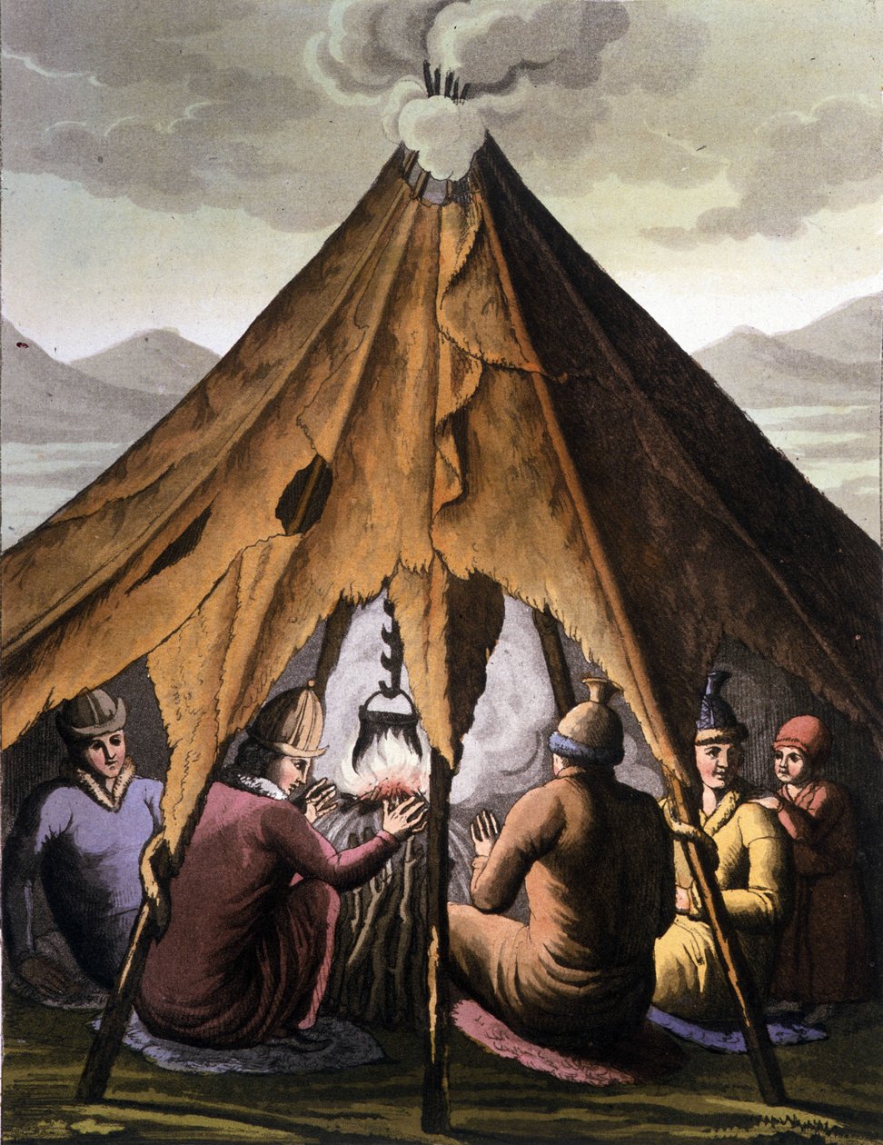 Povo Sami: povos indígenas que vivem nas terras dos países do norte (Noruega, Finlândia, Suécia e Rússia) reagrupam-se em torno de um incêndio debaixo de uma tenda. Gravura do século XIX de Unknown artist