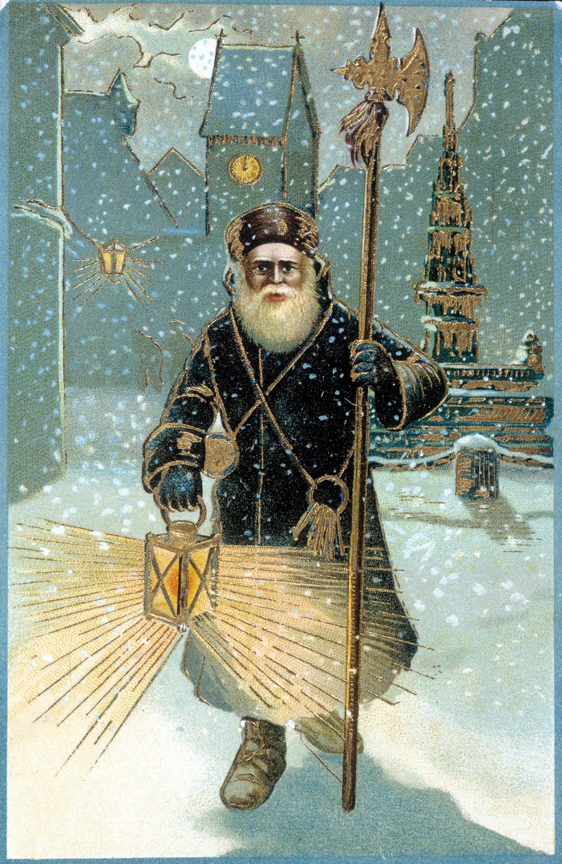 O Pai Natal à noite com lanterna. Cartão postal do século XIX. de Unknown artist