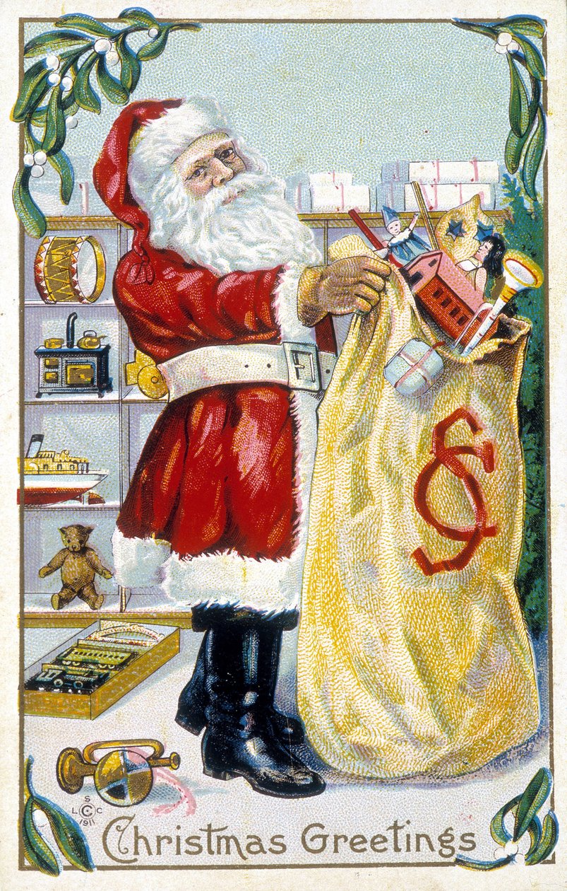 Papai Noel preparando presentes - Cartão de Natal. Cartão de felicitações americano sd. final do século XIX. de Unknown artist