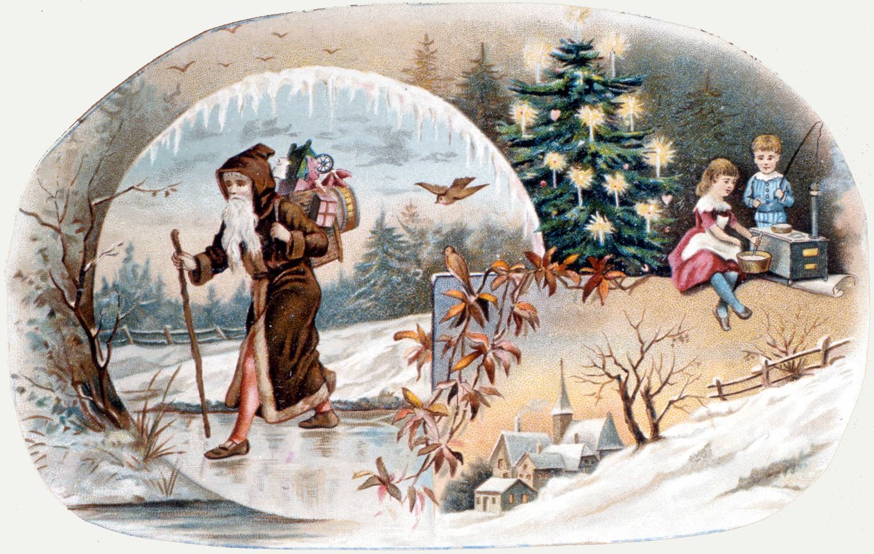 Santa traz presentes para as crianças. cromolitografia do final do século XIX. de Unknown artist