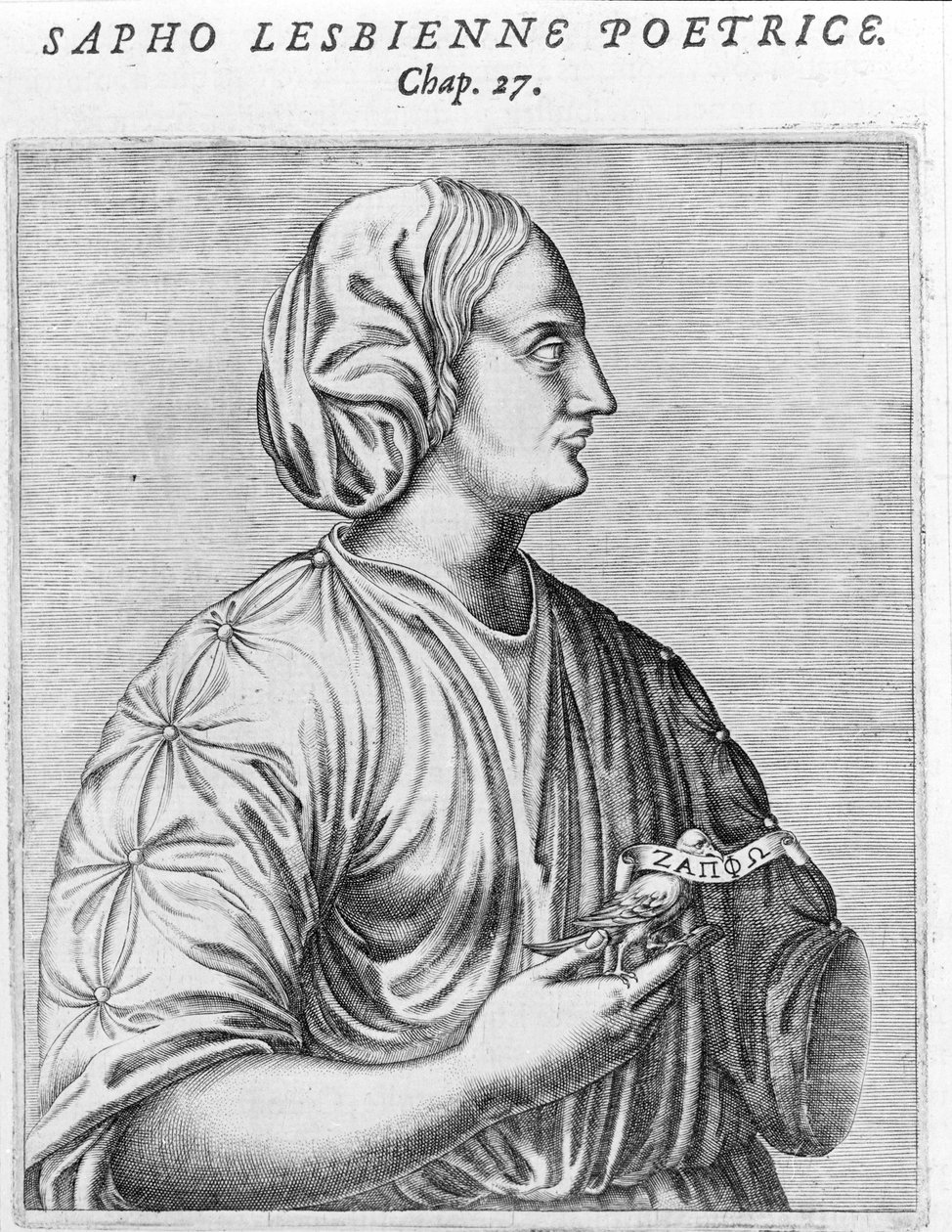 Sapho (Sappho) poeta e lésbica. Gravura do século XVIII. de Unknown artist