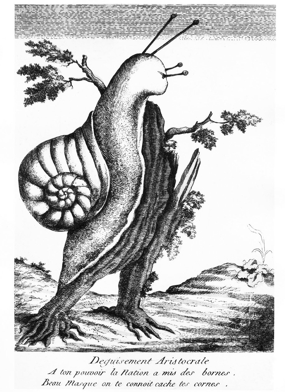 Desenho satírico: disfarce aristocrático (um caracol sobre um cepo): "Ao teu poder a Nação estabelece os limites, bela máscara que te conhecemos, esconde os teus chifres" - 1790, Musée Carnavalet. de Unknown artist