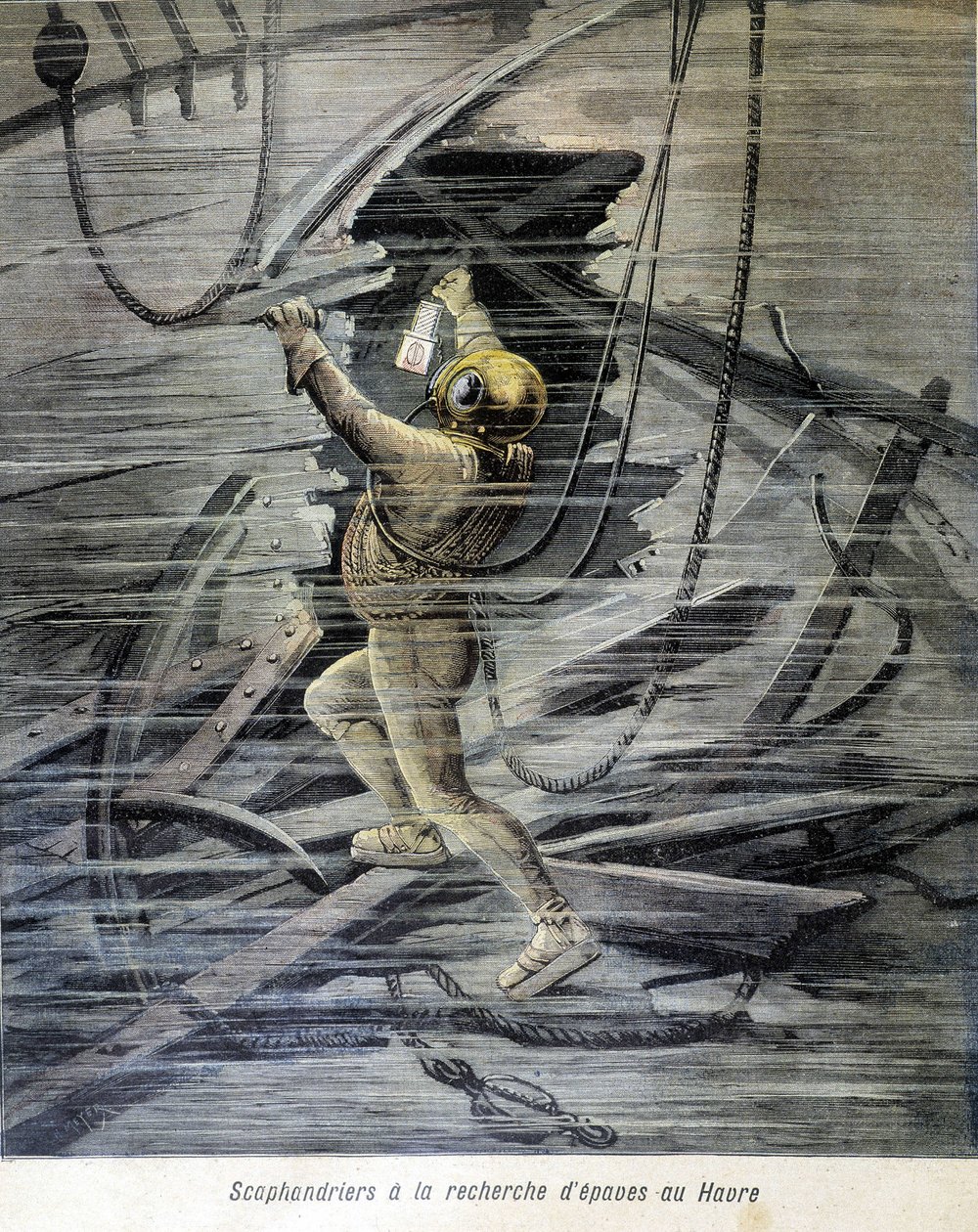 Scaphandrier à procura de destroços em Le Havre. ilustração do "Petity Journal" de 1892. de Unknown artist