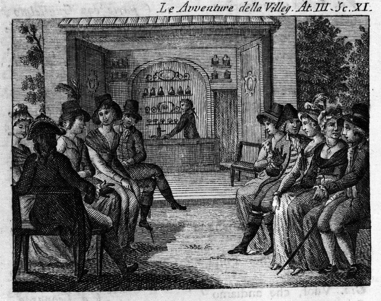 Cena 11 do Acto III da peça cómica "A aventurança da villeggiatura" (1756) de Carlo Goldoni (1707-1793). Gravura do século XVIII de Unknown artist