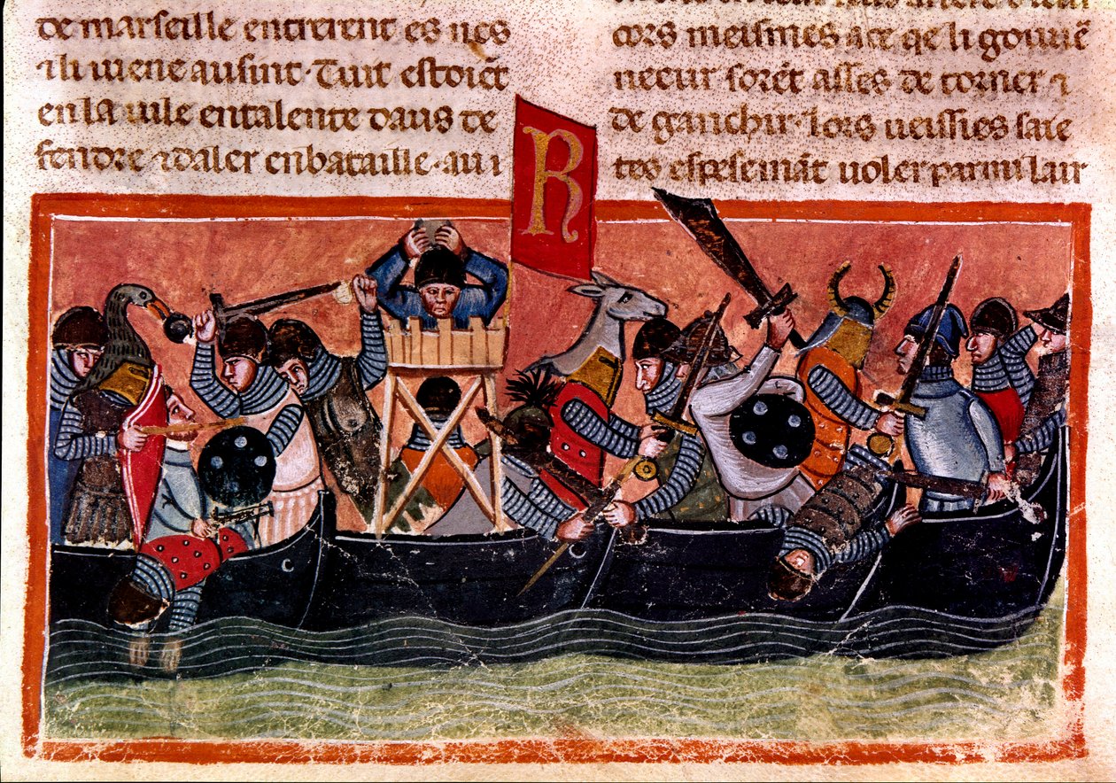 Cena de batalha naval Miniatura de um códice francês em pergaminho "Facts of the Romans" contando a história antiga até Jules Cesar (101 AC-44 AC). Século XIII Veneza, biblioteca Marciana de Unknown artist