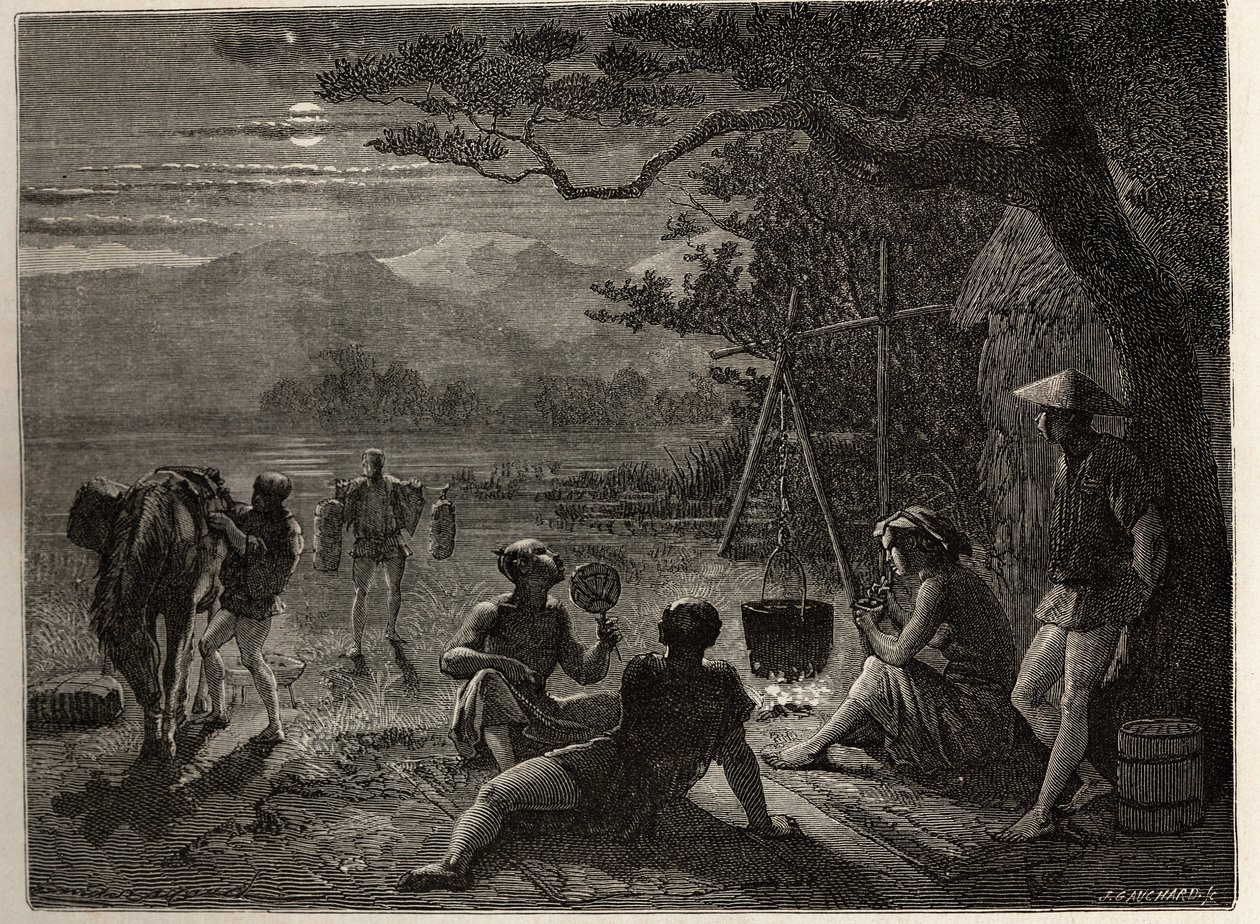 Cena do resto do país, ao luar, tapetes são erguidos no chão após o dia de trabalho. Gravura para ilustrar a viagem ao Japão em 1863-1864, de Aime Humbert, ministro da Confederação Suíça, em "Le tour du monde, nouveau journal des de Unknown artist