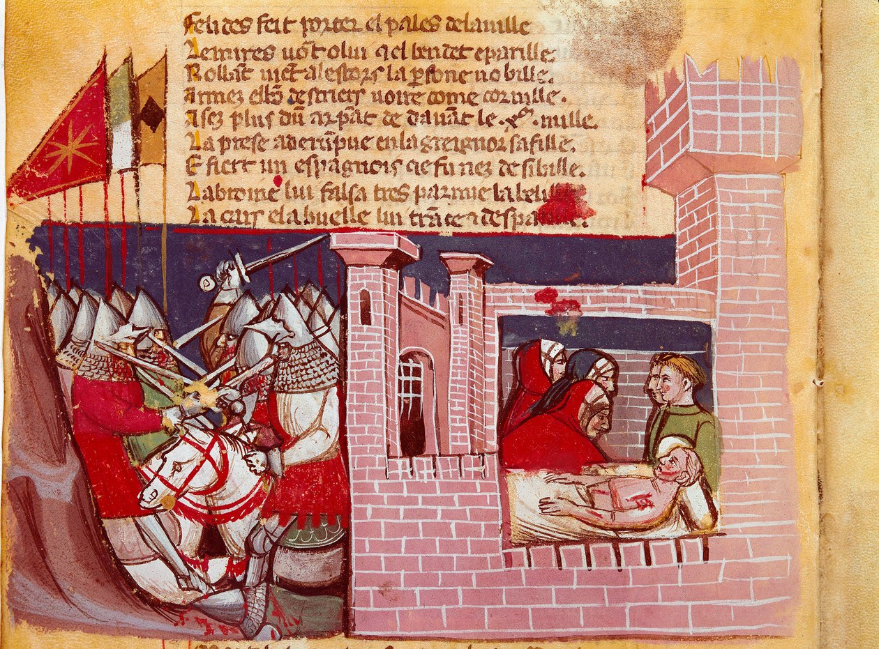 Cena da Batalha de Roncesvaux em 778. Batalha entre o exército de Carlos Magno e os sarracenos onde o cavaleiro Roland foi morto. Ele é um representante da direita. Miniatura do códice "The Entrée d