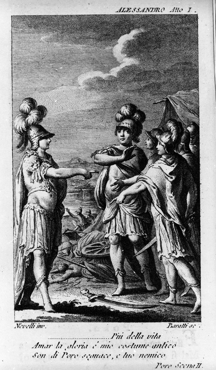Cena do primeiro ato de "Alexandre aux Indies" (Alessandro nelle Indie), ópera do compositor Niccolo Vito Piccinni (ou Piccini) (1728-1800) (1758) depois de um libreto de Pietro Metastasio (Metastase). Gravura do final do século XVIII de Unknown artist