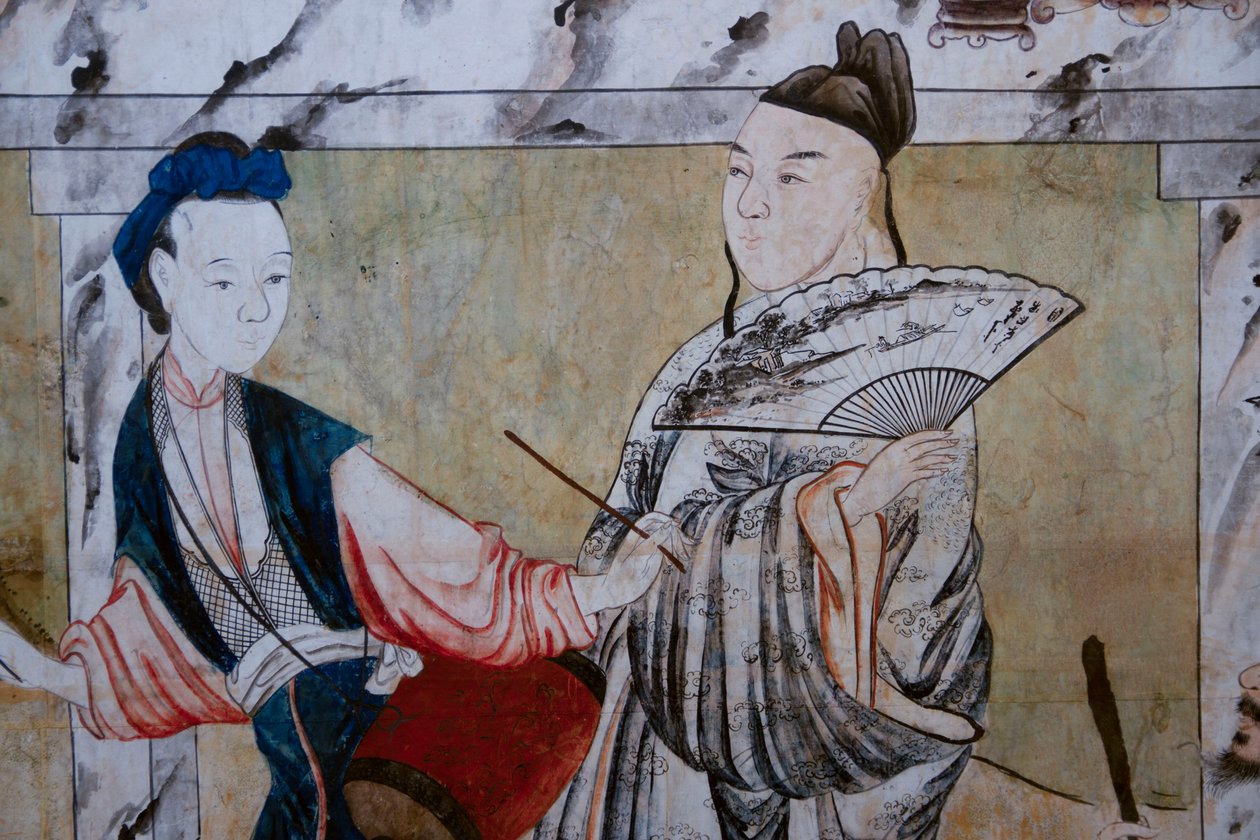 Cenas da vida quotidiana na China, detalhe do papel de parede chinês, gabinete chinês, residência de caça, de Filippo Juvarra (1678-1736), Stupinigi, Piemonte, Itália de Unknown artist