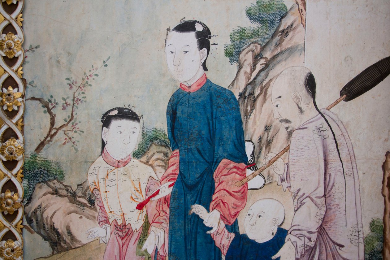 Cenas da vida quotidiana na China, detalhe do papel de parede chinês, gabinete chinês, residência de caça, de Filippo Juvarra (1678-1736), Stupinigi, Piemonte, Itália de Unknown artist
