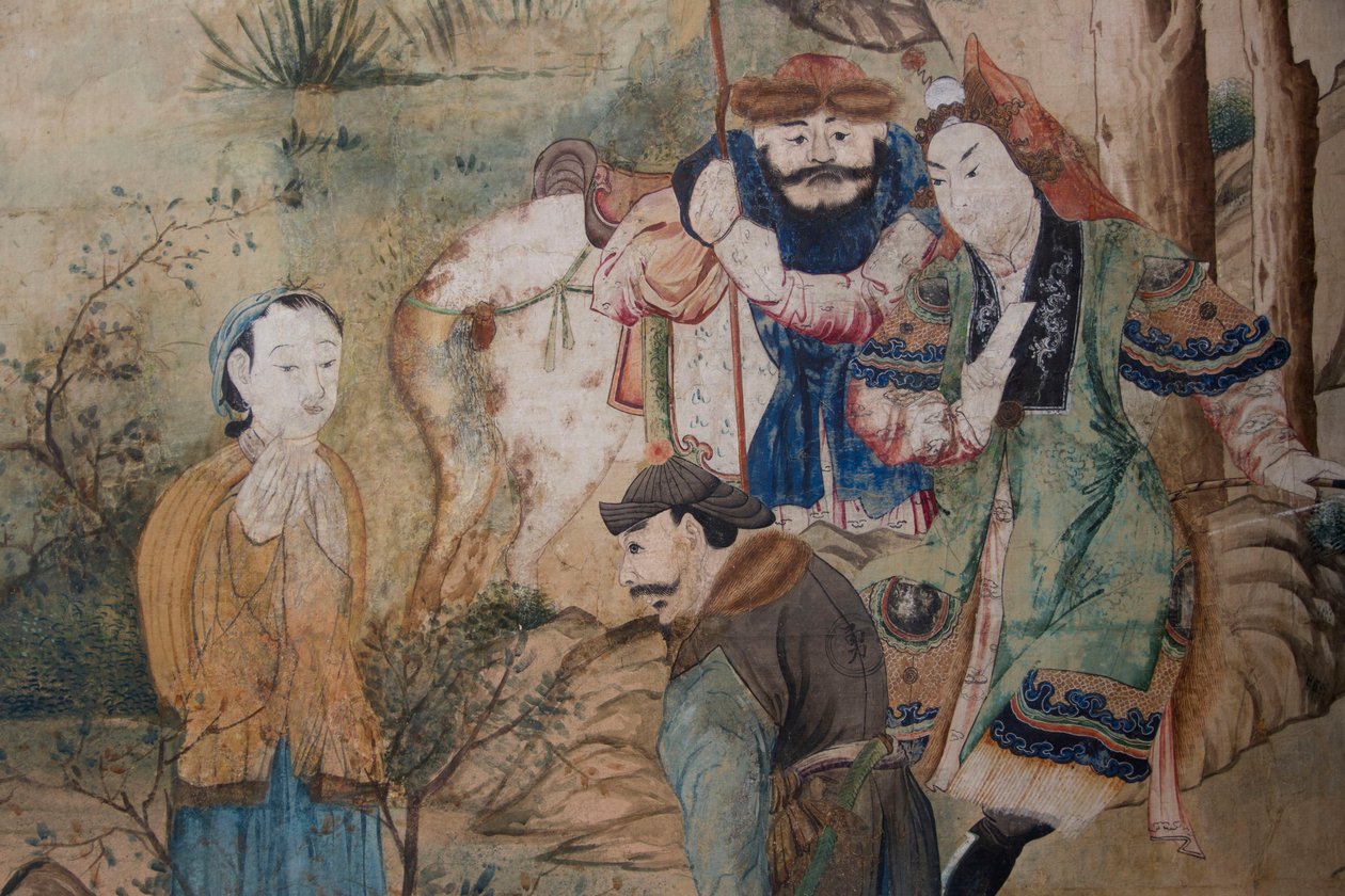 Cenas da vida quotidiana na China, detalhe do papel de parede chinês, gabinete chinês, residência de caça, de Filippo Juvarra (1678-1736), Stupinigi, Piemonte, Itália de Unknown artist