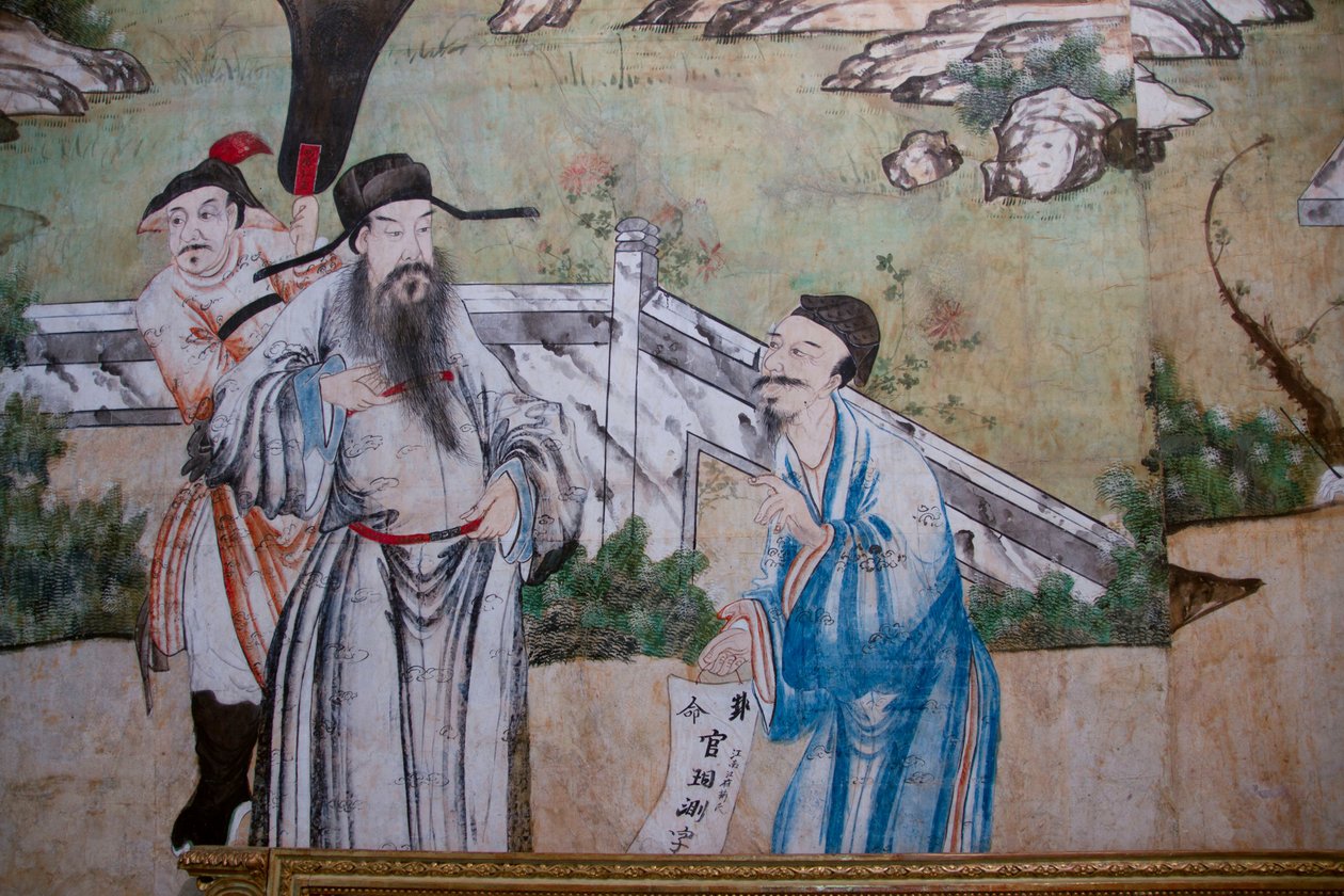 Cenas da vida quotidiana na China, detalhe do papel de parede chinês, gabinete chinês, residência de caça, de Filippo Juvarra (1678-1736), Stupinigi, Piemonte, Itália de Unknown artist