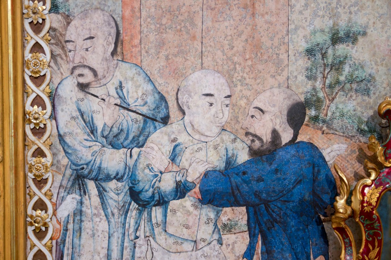 Cenas da vida quotidiana na China, detalhe do papel de parede chinês, gabinete chinês, residência de caça, de Filippo Juvarra (1678-1736), Stupinigi, Piemonte, Itália de Unknown artist