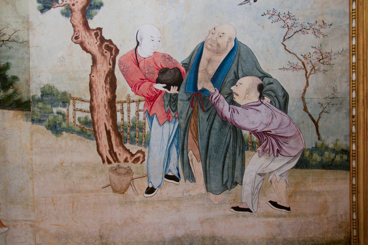 Cenas da vida quotidiana na China, detalhe do papel de parede chinês, gabinete chinês, residência de caça, de Filippo Juvarra (1678-1736), Stupinigi, Piemonte, Itália de Unknown artist